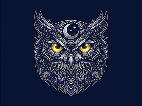 Wise owl head with golden eyes