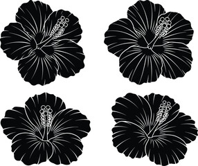 Tropical Black Hibiscus Flower Silhouette Vector Set Featuring Detailed Hawaiian Aloha Floral Bloom Stencils for Summer Botanical and Fashion Textile Designs © Md