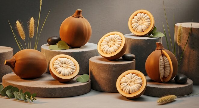Fresh whole and sliced brown exotic mammee apple fruits arranged on modern stone pedestals in studio light. organic baobab display