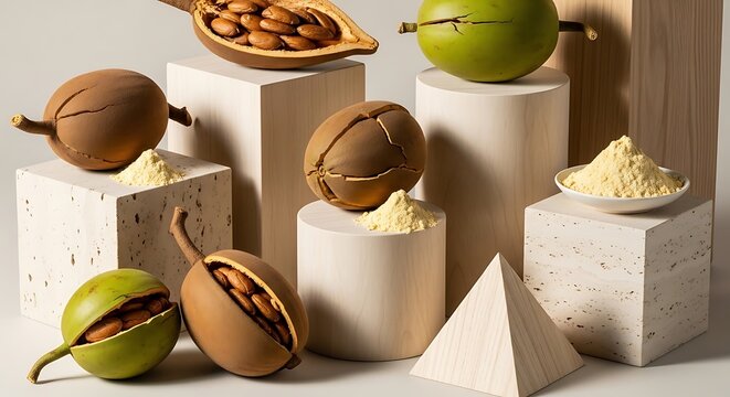 Fresh whole and open shea nuts with shea butter and powder arranged on modern geometric shapes. organic baobab display