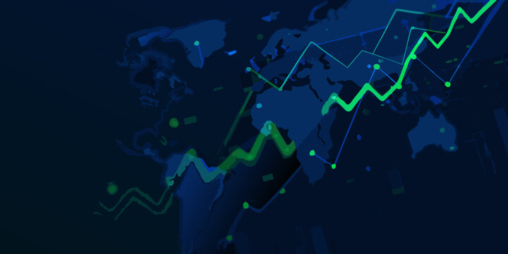 Line graph and scatter plot illustration with blue and green tones on a dark background