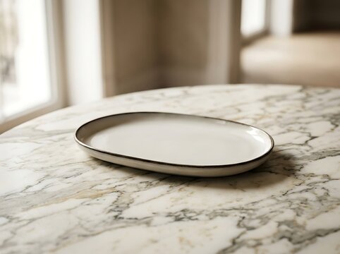 Elegant empty white oval ceramic platter on a marble tabletop