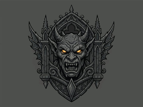 Grotesque gargoyle head emblem with stony texture
