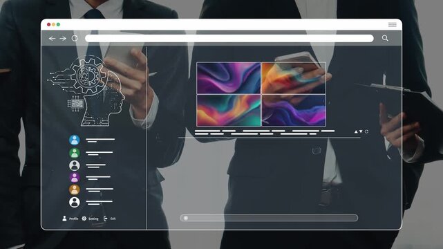 A group of business professionals interact with a digital interface, highlighting teamwork and modern technology in a corporate setting to enhance communication and innovation. Raster