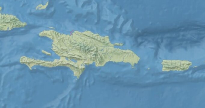 Dominican Republic on Globe. Zoom into the country with Earth spinning on dark background. Physical world map with Dominican Republic and label on it. Country view animation.
