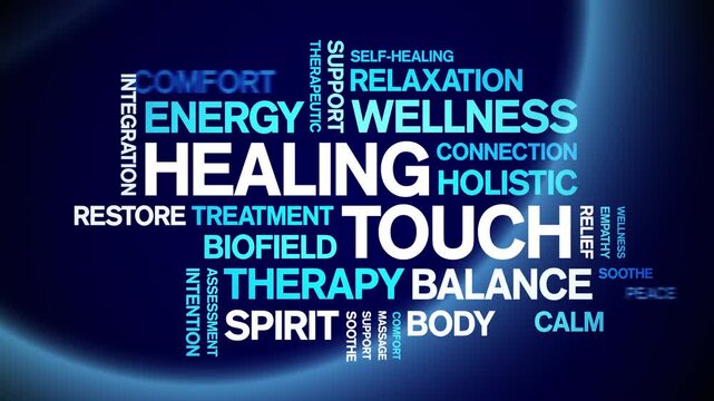 Healing Touch animated word cloud-text design animation tag kinetic typography seamless loop.