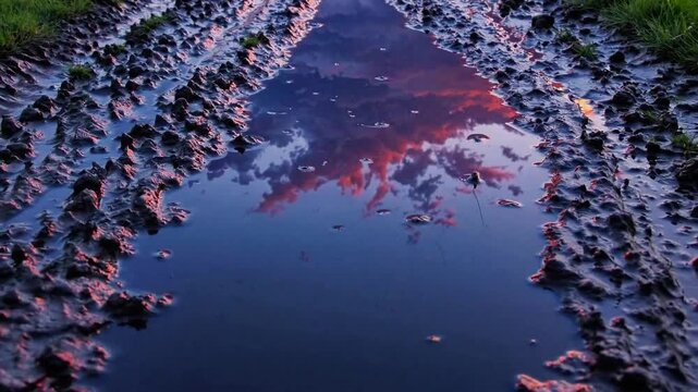 Reflecting beautiful vibrant violet colors reveals water puddle on muddy wet dirt road countryside track path under magnificent purple pink evening sky with soft clouds dark twilight