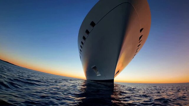 Cruising across deep blue ocean waves reveals massive white luxury vessel boat nose pointing towards clear evening horizon as warm sunset light illuminates calm sea water under bright summer sky