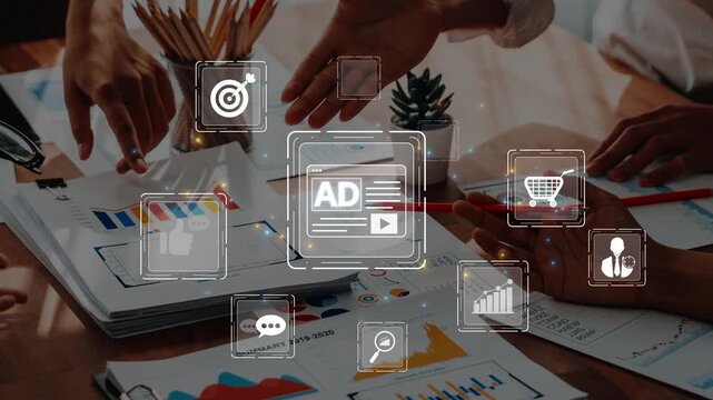 A dynamic business scene showcasing a collaborative marketing strategy session with digital advertising icons and informative charts, reflecting teamwork and innovation. Raster