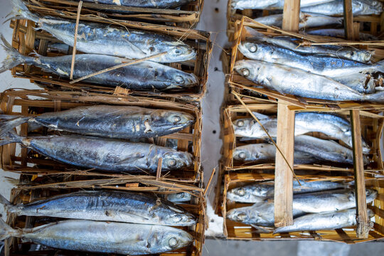 Ikan Pindang or salted fish in bamboo packaging on traditional market, in Yogyakarta, Indonesia