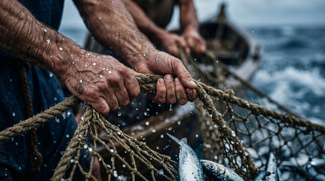 Two men pulling net full of fish from sea. Scene depicting miraculous catch by apostles. Biblical story illustration from New Testament. Ancient fisherman in boat. Christianity concept