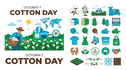 Fototapeta premium World Cotton Day vector set, October 7 celebration icons, organic cotton farming and textile industry production elements, flat design agriculture kit
