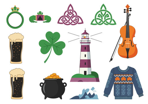 Traditional Irish Cultural Symbols Vector Set: Featuring Shamrock, Stout, Celtic Knot, Claddagh Ring, Fiddle, Lighthouse, and Pot of Gold Icons for St. Patrick's Day.
