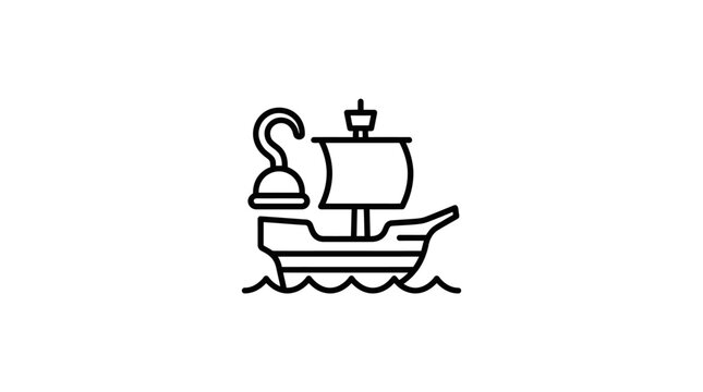 Cartoon pirate ship sailing on waves with a hook