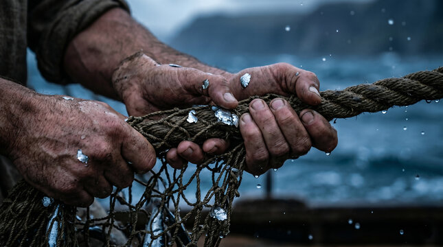 Two men pulling net full of fish from sea. Scene depicting miraculous catch by apostles. Biblical story illustration from New Testament. Ancient fisherman in boat. Christianity concept