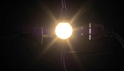 Fototapeta premium Glowing bulb between plugs, radiating bright light against a black backdrop. Cables entwine, suggesting electricity