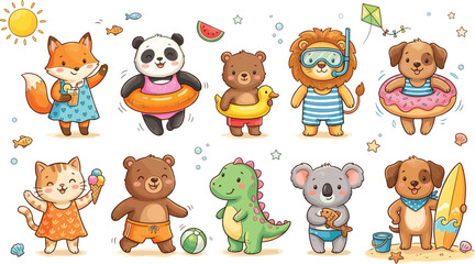 Obraz premium Cute Summer Animal Clipart Vector Set with Cartoon Fox Panda Bear Lion Dog Cat Dinosaur and Koala Enjoying Beach Activities and Holidays