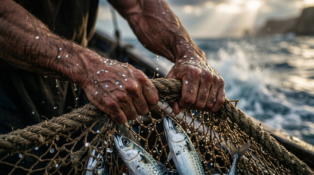 Two men pulling net full of fish from sea. Scene depicting miraculous catch by apostles. Biblical story illustration from New Testament. Ancient fisherman in boat. Christianity concept