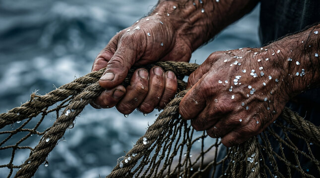 Two men pulling net full of fish from sea. Scene depicting miraculous catch by apostles. Biblical story illustration from New Testament. Ancient fisherman in boat. Christianity concept