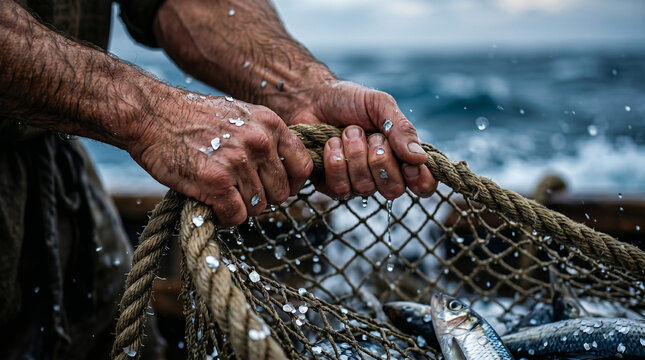 Two men pulling net full of fish from sea. Scene depicting miraculous catch by apostles. Biblical story illustration from New Testament. Ancient fisherman in boat. Christianity concept