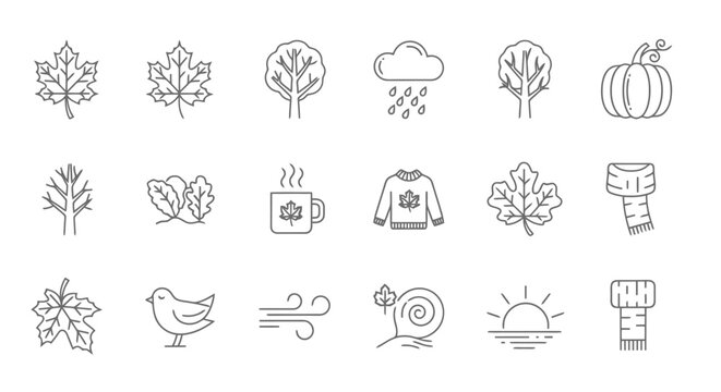 A collection of line art icons representing autumn themes, including leaves, trees, weather, and seasonal objects.