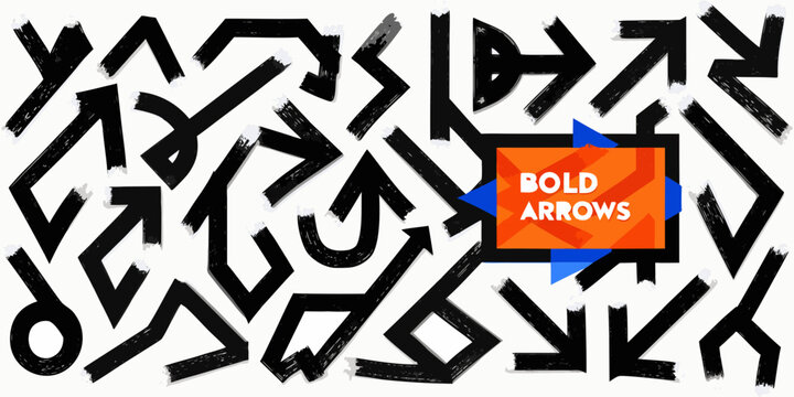 Set of bold hand drawn brush stroke arrows black and white vector illustration arrowhead arrow