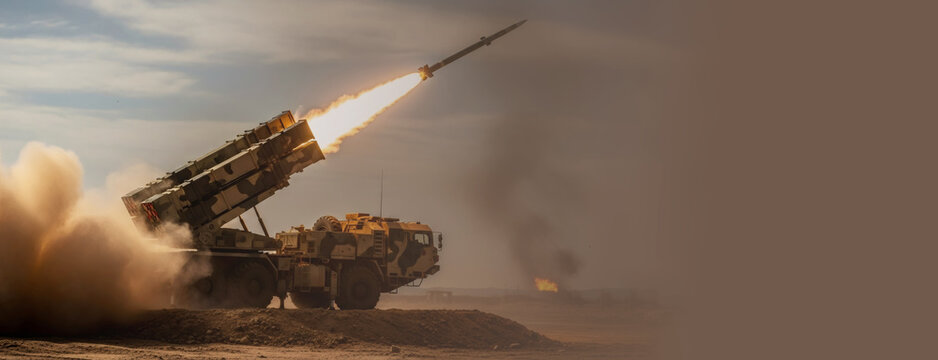 Rocket launcher vehicle firing missile in combat zone. Military truck artillery system launch in desert. Tactical warfare technology and explosive firepower defense strategy. Banner with copy space