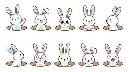 Fototapeta premium Cute White Rabbit Peekaboo Vector Illustration Set – Adorable Bunnies Emerging from Burrows Collection