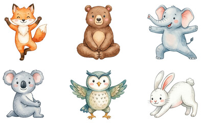 Fototapeta premium cute watercolor woodland and wild animal yoga set with fox (vulpes vulpes) bear (ursidae) elephant (elephantidae) koala (phascolarctos cinereus) owl (strigiformes) and rabbit (leporidae)