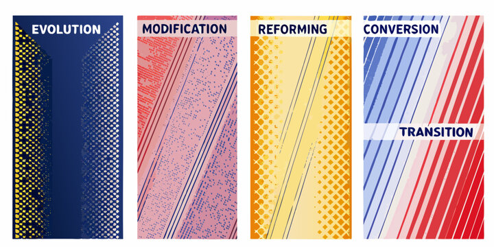 Geometric pattern designs with bold typography showcasing evolution modification reforming conversion and transition abstract art arrangement