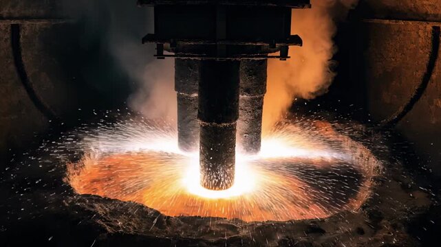 Closeup medium shot focusing on electrode tips within a hybrid electricoxygen furnace highlighting sparks and electric arcs in hightemperature smelting.