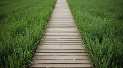 Obraz premium Wooden boardwalk green grass path leading forward calm nature scene