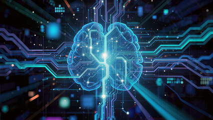 Fototapeta premium Abstract AI digital network flow, intelligent data transmission, glowing neural connections, futuristic information pathways, cyber technology atmosphere