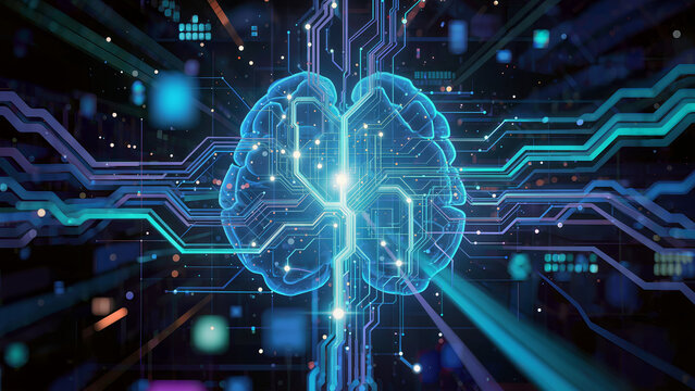 Abstract AI digital network flow, intelligent data transmission, glowing neural connections, futuristic information pathways, cyber technology atmosphere