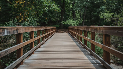 Obraz premium Wooden bridge forest pathway wooden planks railing nature trail tranquil walk
