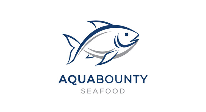 Stylized blue fish logo with "AQUABOUNTY SEAFOOD" text, representing fresh marine products, isolated on a white background.
