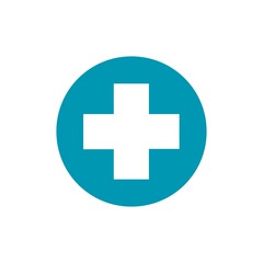 Fototapeta premium Teal blue medical cross hospital icon with white plus symbol on white background. Flat vector for healthcare, clinic, doctor, medicine, health app, emergency, medical logo, UI design element.