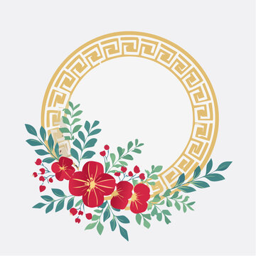 Decorative Circular Frame with Red Flowers and Green Leaves
