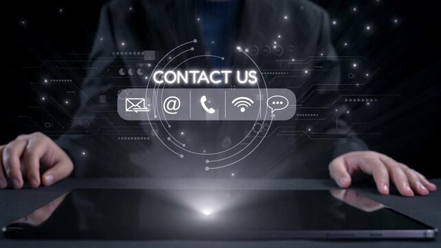 A modern depiction of digital communication, featuring a man hands on a tablet with glowing contact options, ideal for showcasing business outreach strategies. Qubit