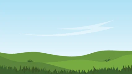 Gardinen Bauernhof green field and blue sky. nature landscape cartoon background scene   © piggu