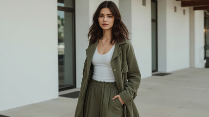 Obraz premium Young woman in olive jacket and pants walking outdoors with confident expression