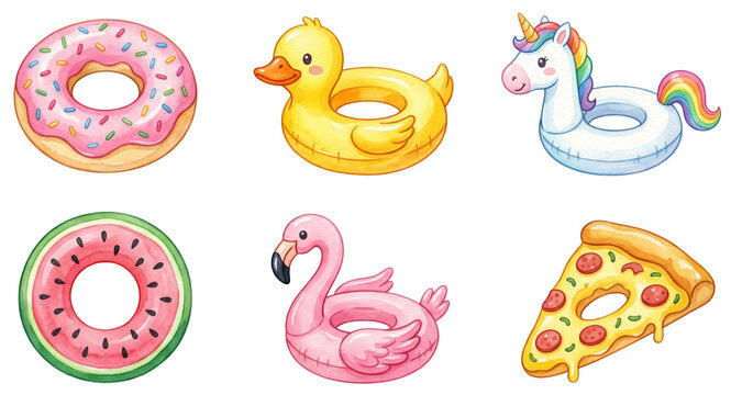 cute watercolor summer pool float set with donut duck unicorn watermelon flamingo and pizza