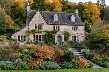 Fototapeta premium Charming stone cottage nestled in a vibrant autumn garden with colorful foliage and trees.