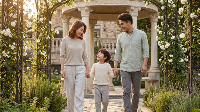 A happy Asian family of three walks hand in hand along a stone path in a sunlit garden with a stone gazebo and blooming roses.