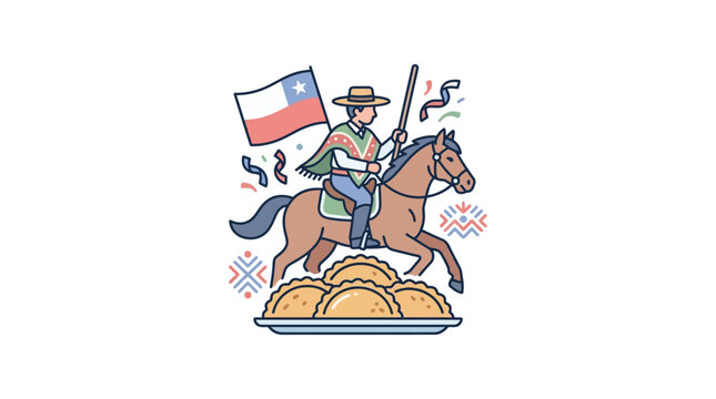 Chilean horseman celebrating with empanadas and flag