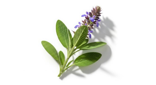 Delicate sage branch with purple flowers isolated on white isolated on white background