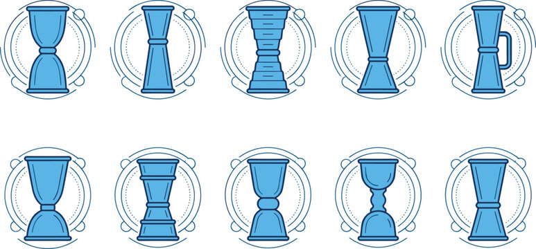 Vector collection of blue cocktail jigger icons with abstract linear circles featuring diverse double-sided metal measuring cups for bartending and mixology