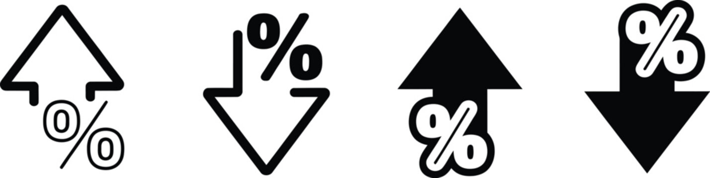 Percentage rate arrow icon set featuring percent symbols with upward and downward arrows, representing price increase, decrease, profit changes, and financial growth concepts.