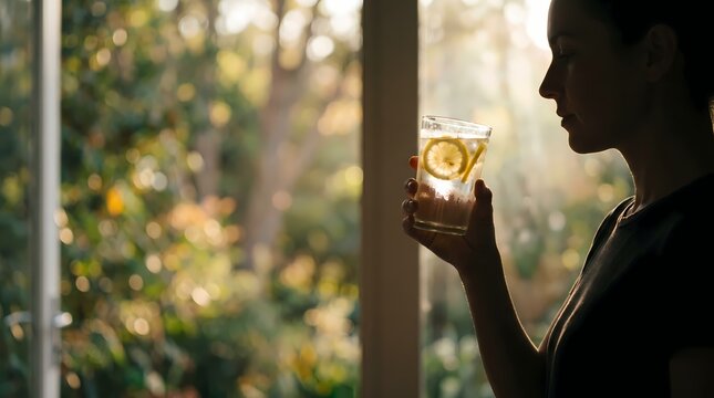 Silhouette of a person holding a refreshing beverage with fruit slices near a window enjoying a moment of calm and natural light streaming through the greenery outside representing wellness and