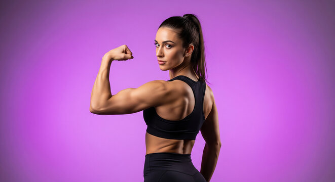 Strong confident female bodybuilder flexing muscles perfect for professional fitness training and healthy sport concepts